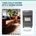 	Warmglow Mobile indoor gas heater in dark grey, warming a living room
